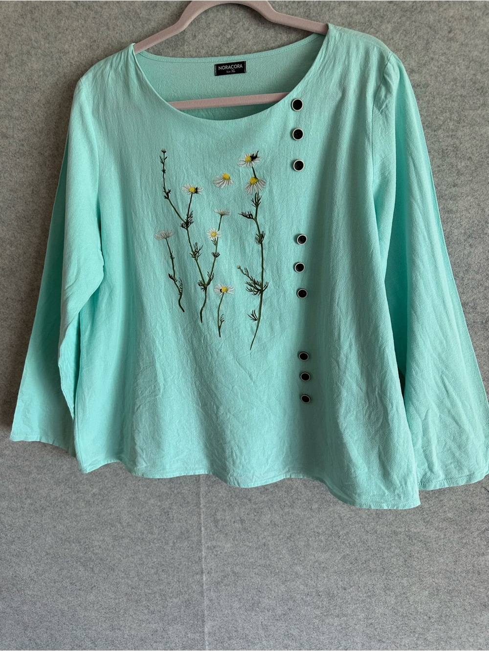 Noracora Blue Mint Floral Button-Accent Lightweight Long Sleeve Top